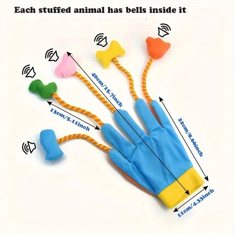 Yellow and blue Magic Glove plush cat toy with integrated bell, measuring 40cm long