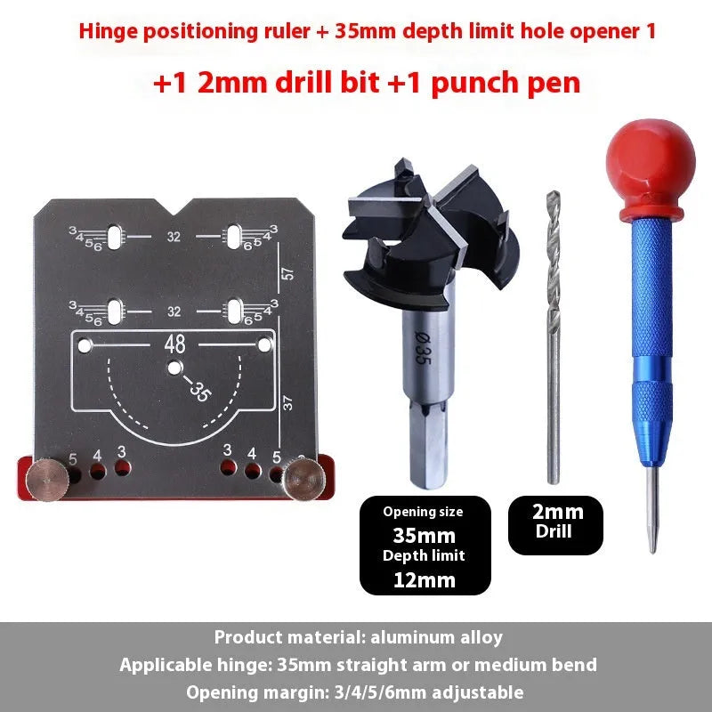 Red aluminium alloy hinge locating rule with adjustable margin settings for 35mm cabinet hinges.