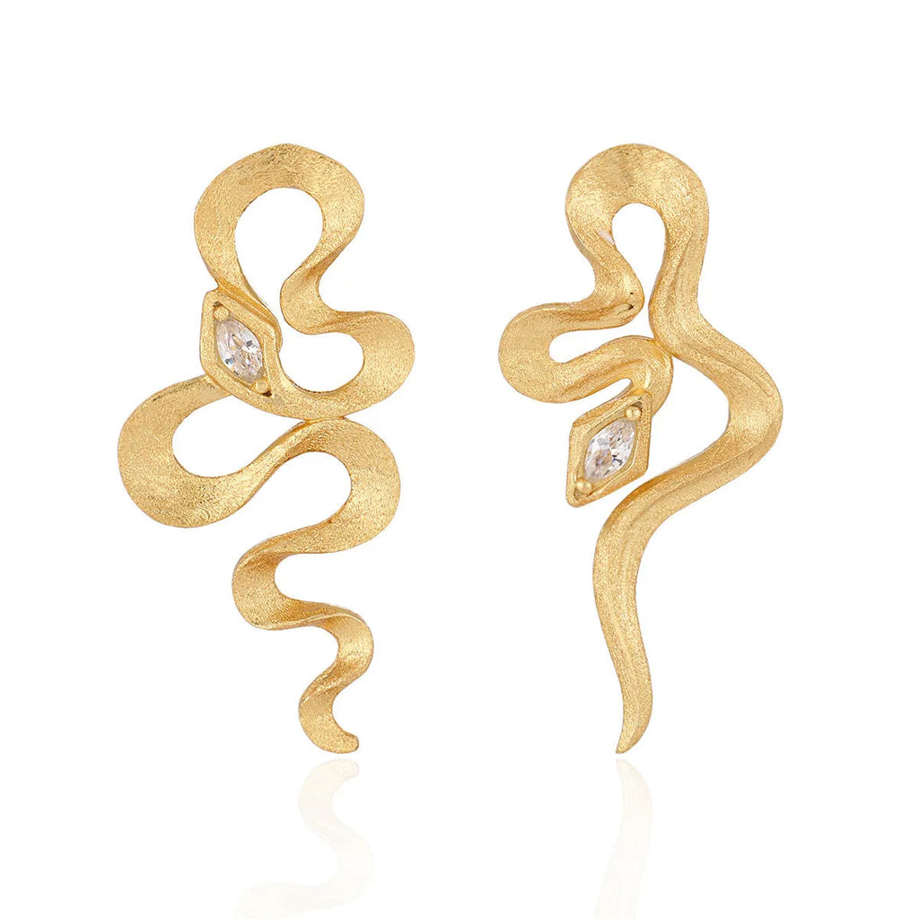 Snake-shaped textured S925 sterling silver stud earrings with inlaid zircon, 18K gold colour finish