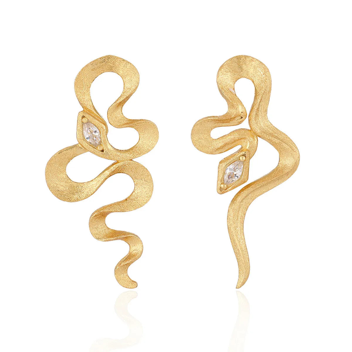 Snake-shaped textured S925 sterling silver stud earrings with inlaid zircon, 18K gold colour finish