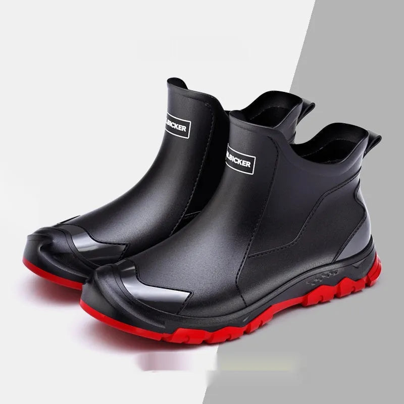 Korean style short tube PVC rain boots in black and red with non-slip rubber soles