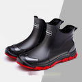 Korean style short tube PVC rain boots in black and red with non-slip rubber soles