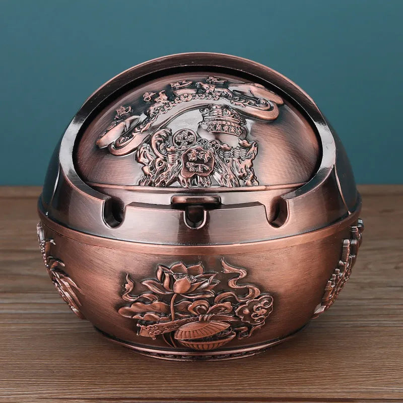 Alloy ashtray with smoke extinguishing slot in bronze finish featuring decorative dragon and phoenix design