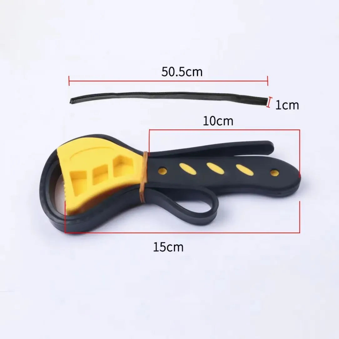 6-inch and 8-inch adjustable rubber strap wrench set with plastic rubber strap and metal handle.