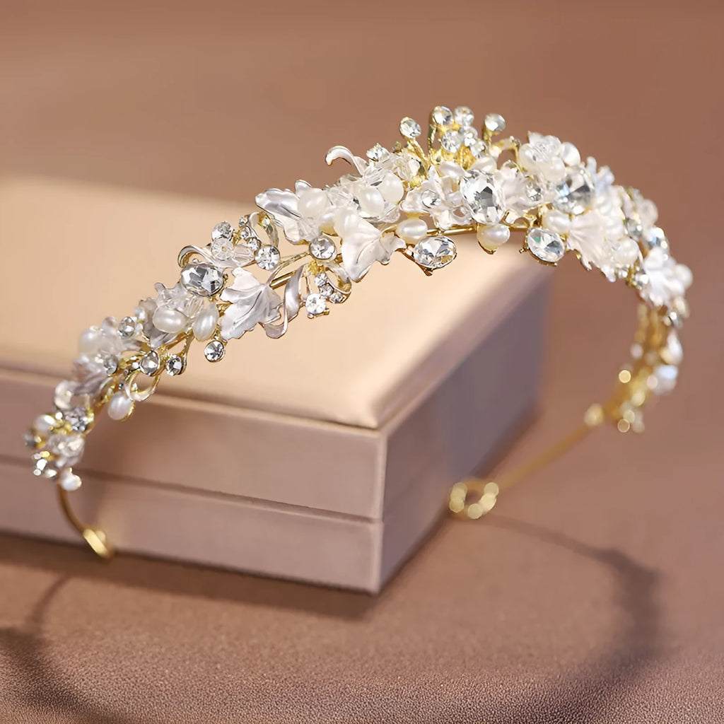 Pearl crown headdress for women with gold electroplated finish and alloy construction