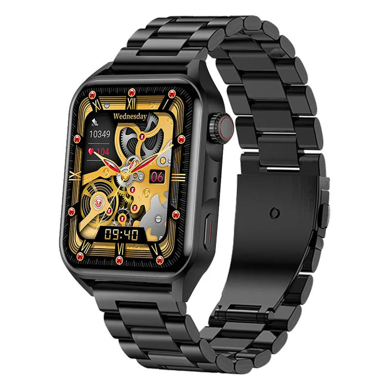 AMOLED NFC smart watch with 1.8 inch display in black colour showing multiple watch faces and magnetic charger