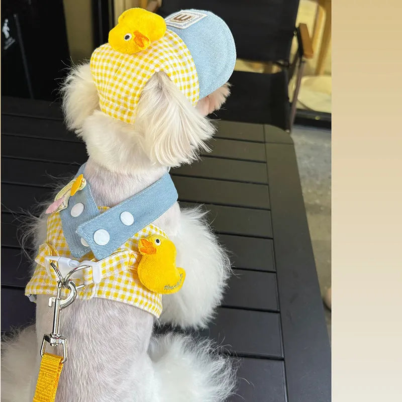 Pet harness and leash set with cat clothes outfit and hat for spring summer outdoor walking