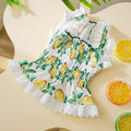 Rock yellow lemon polyester princess style dog dress with thin breathable strap skirt on a small dog.