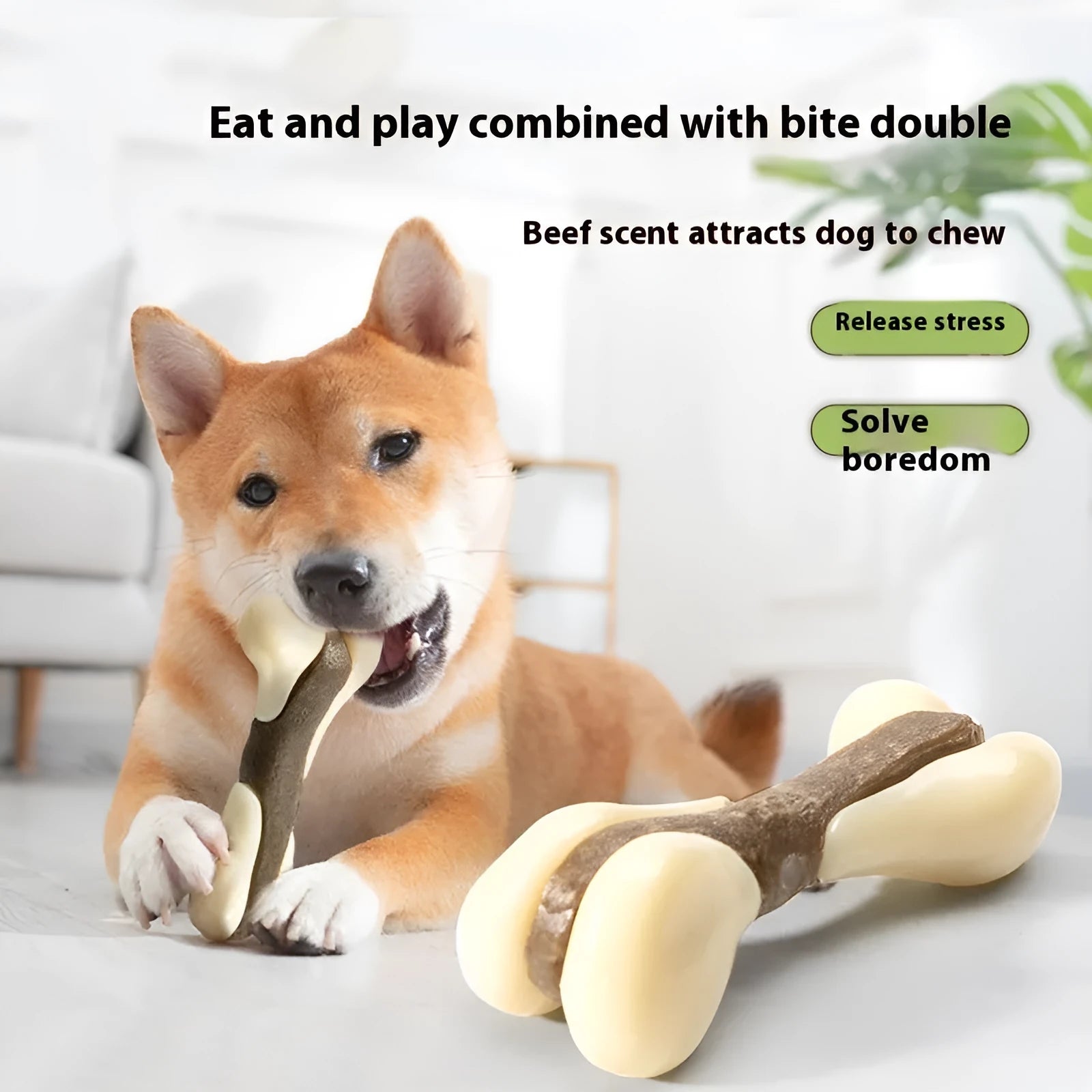 Cowhide and nylon bone-shaped grinding rod chew toy for dogs in two sizes.