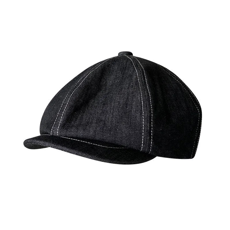 Black Japanese denim fabric beret hat shown in three adult sizes