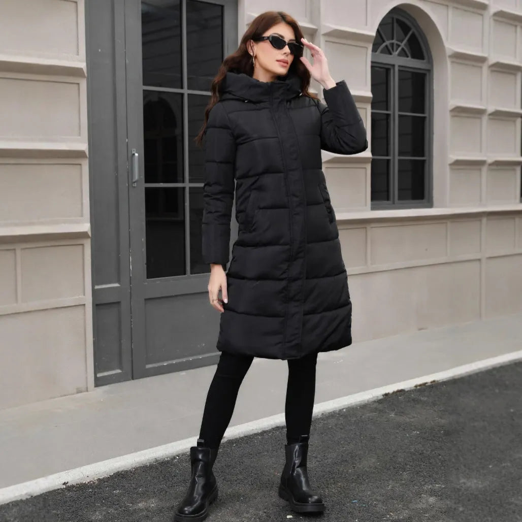 Black hooded slim fit long cotton jacket with cold-resistant thickened construction and regular long sleeves