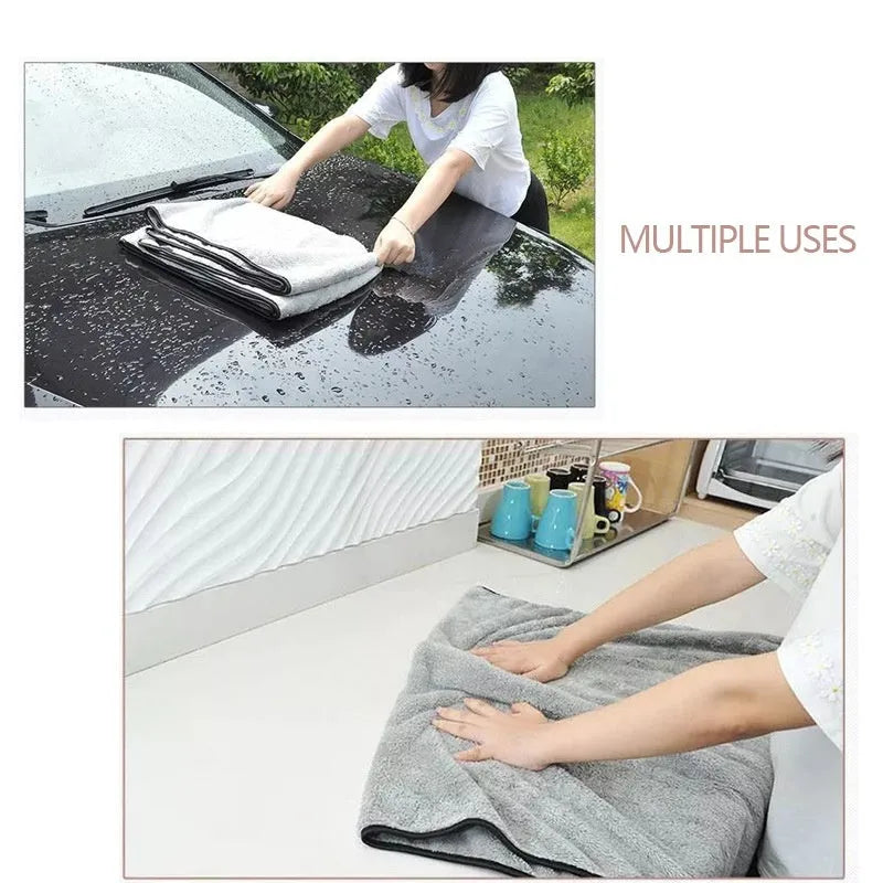 Microfiber car wash towel shown in three size options: 75x35cm, 60x40cm and 100x40cm