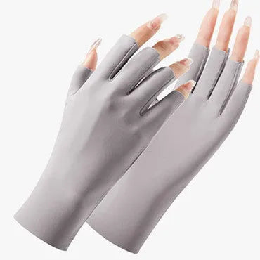 Women's thin ice silk sun gloves in various colours showing UPF50+ protection for driving and cycling.