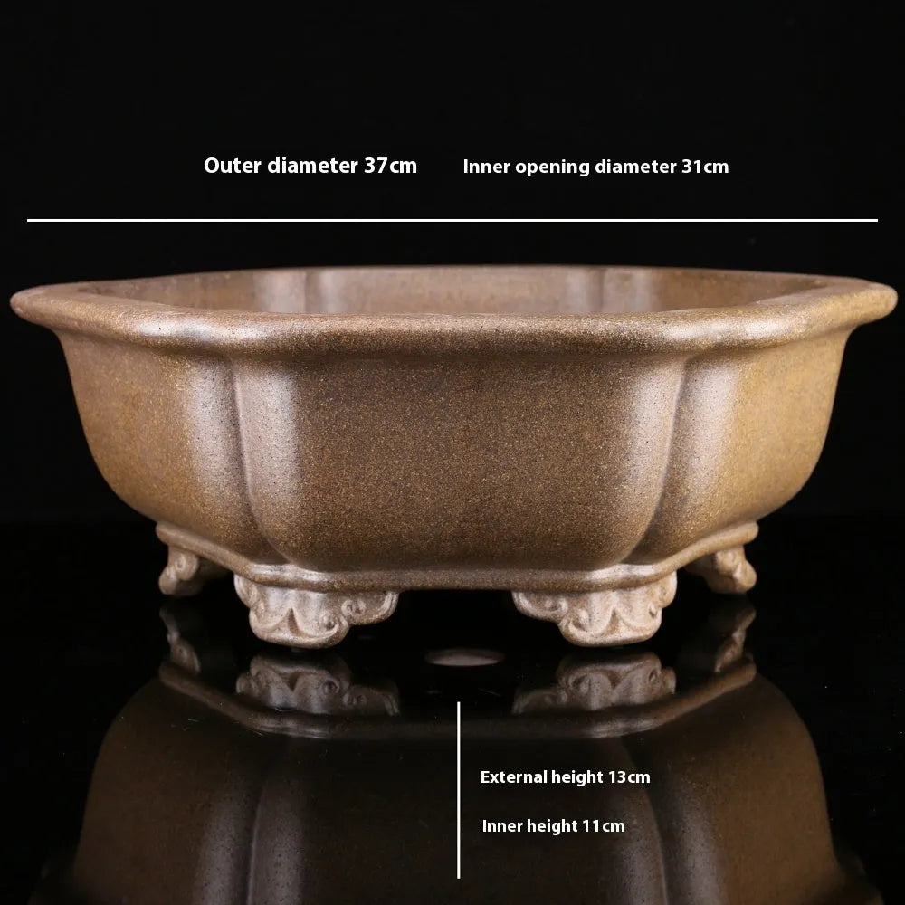 Handmade purple sand plant basin in hexagonal design with traditional Yixing clay construction