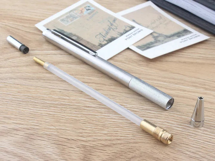 Metal automatic mechanical pencil with various lead specifications displayed