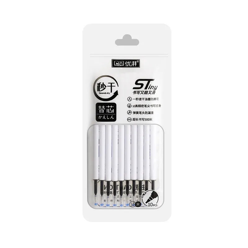Pack of ten quick-drying pen refill cartridges in black, blue, red, and ink blue colours