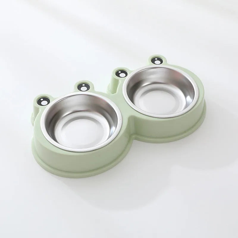 Stainless steel pet double bowl with elevated frog-style base in blue colour for cat and dog feeding