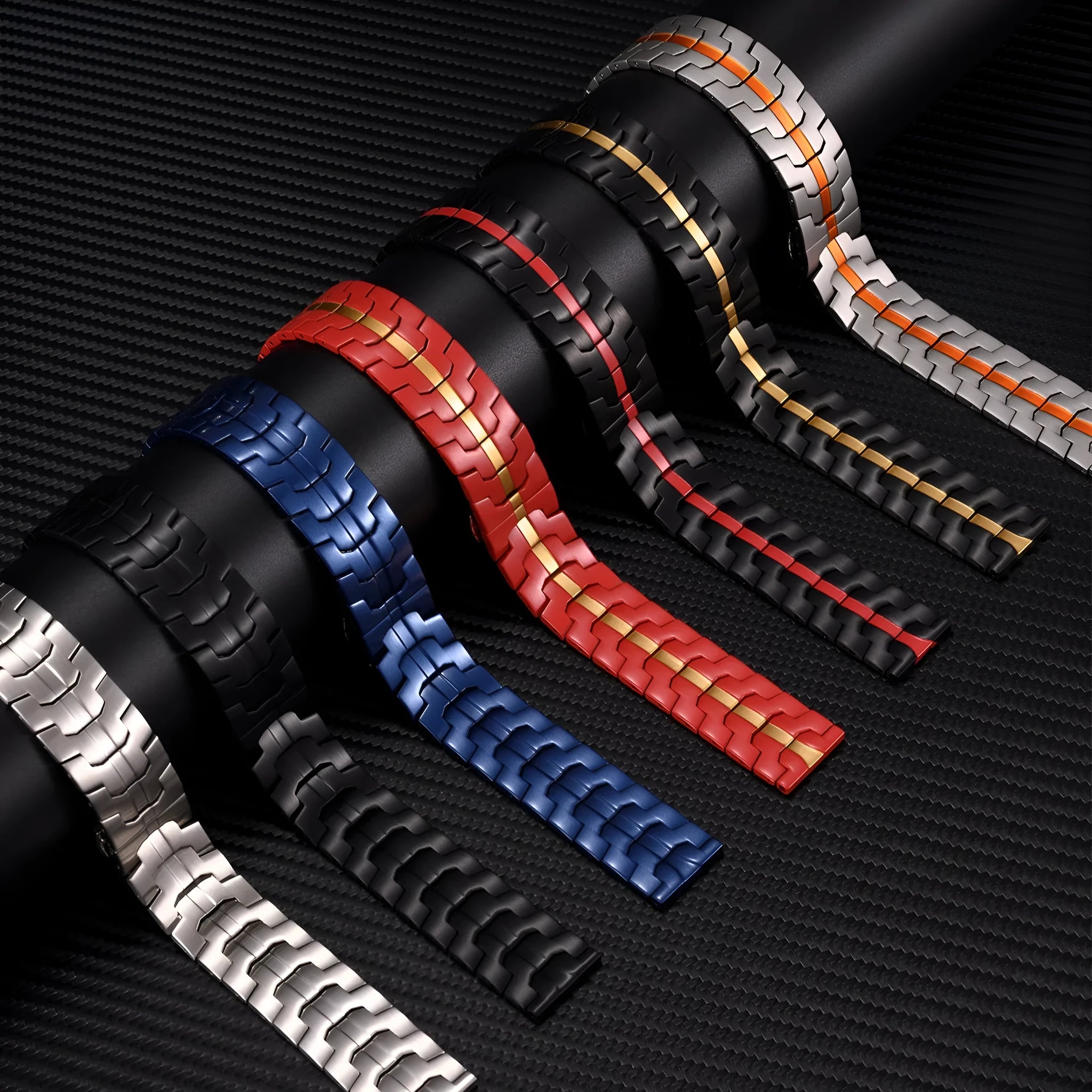 Stainless steel metal watch band for Samsung Galaxy Watch showing colour options on a watch case