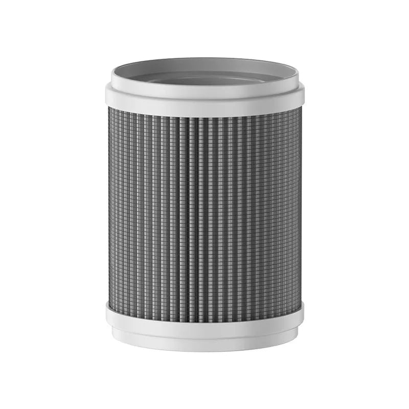 Mini portable car air purifier with anion technology, USB power, in silver, placed on a car dashboard for odour and smoke removal