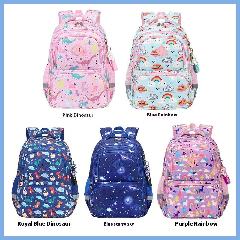 Blue dinosaur print waterproof Oxford cloth children's school backpack with curved shoulder straps.