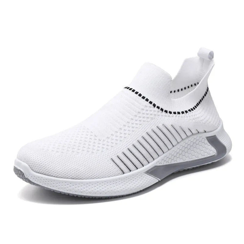 Men's black and white mesh sock sneakers with a striped design and lace-up front.