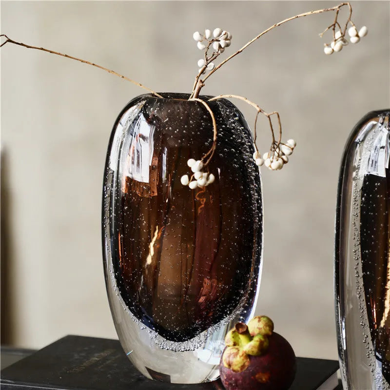 Modern simple bubble thick bottom glass vase with tea brown glaze flat mouth