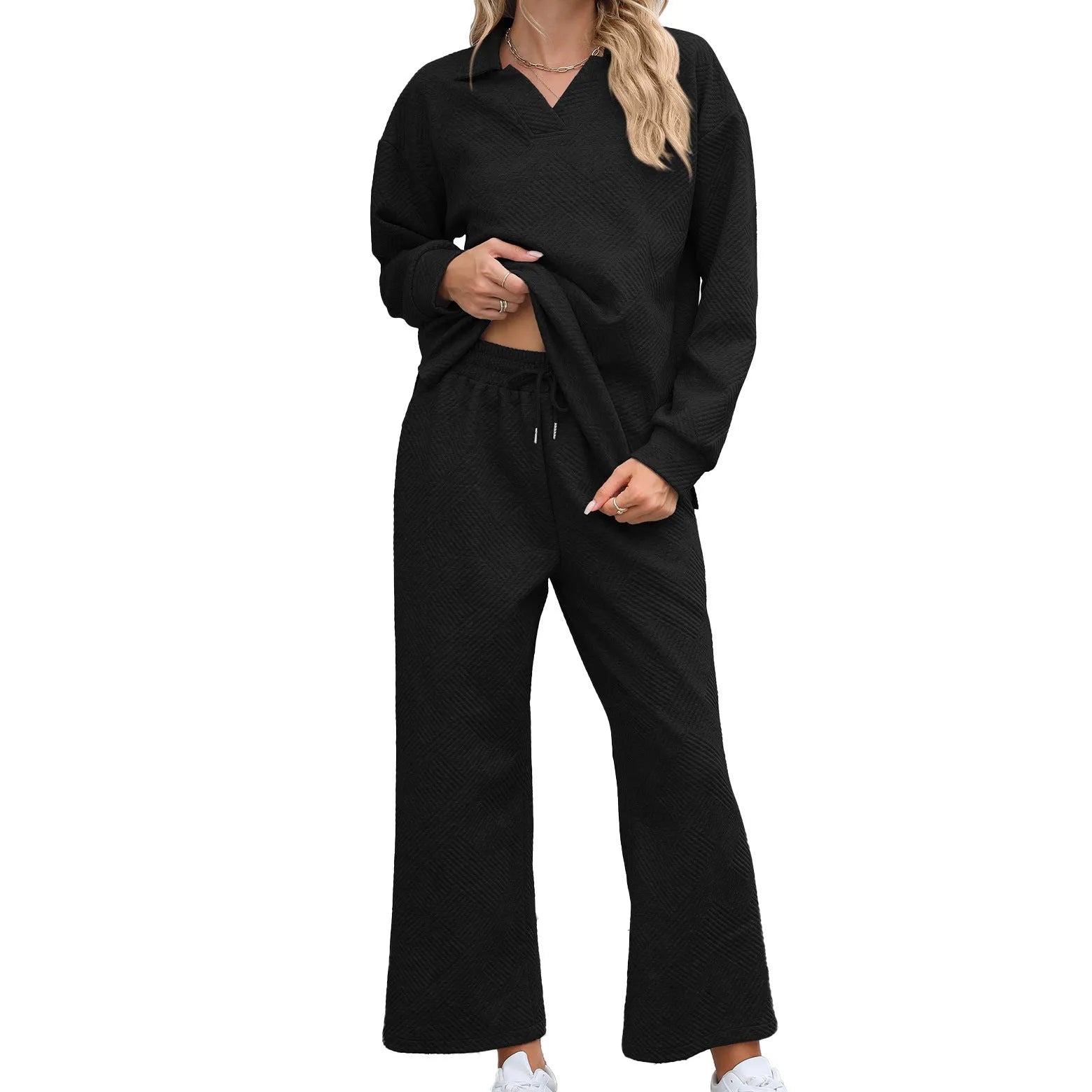Women's black geometric pattern knitted jacquard two-piece suit with long sleeves and elastic waist trousers
