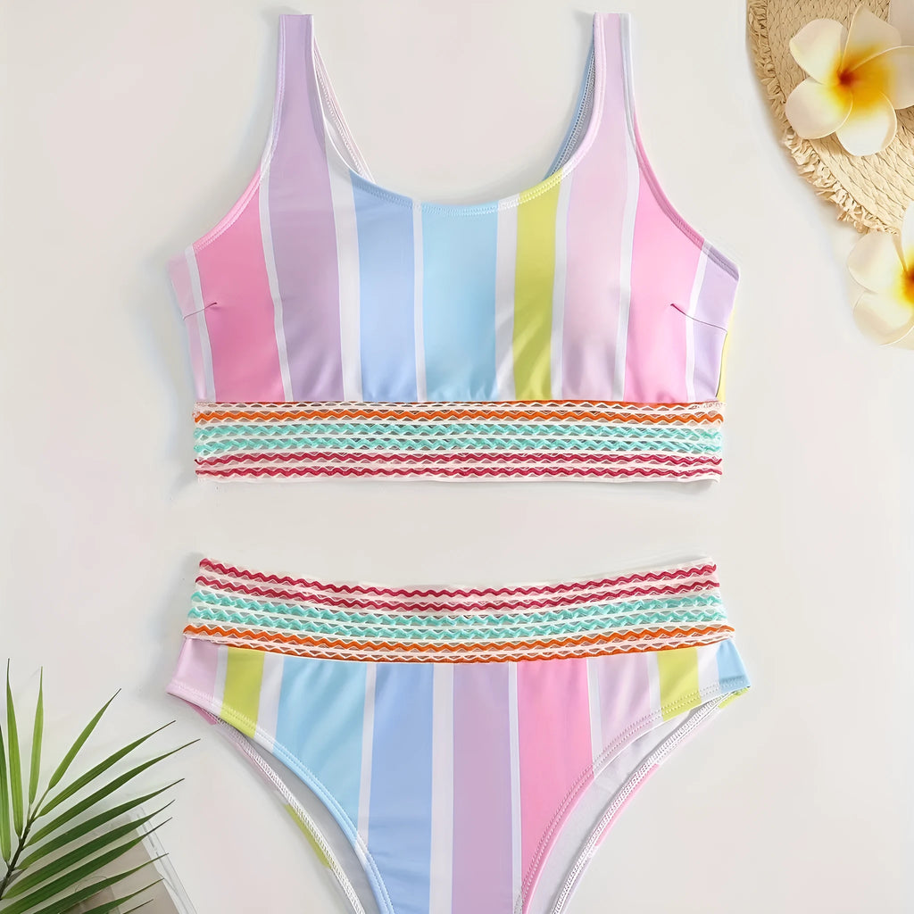 Women's striped two-piece bikini set in a sports casual design on a mannequin.