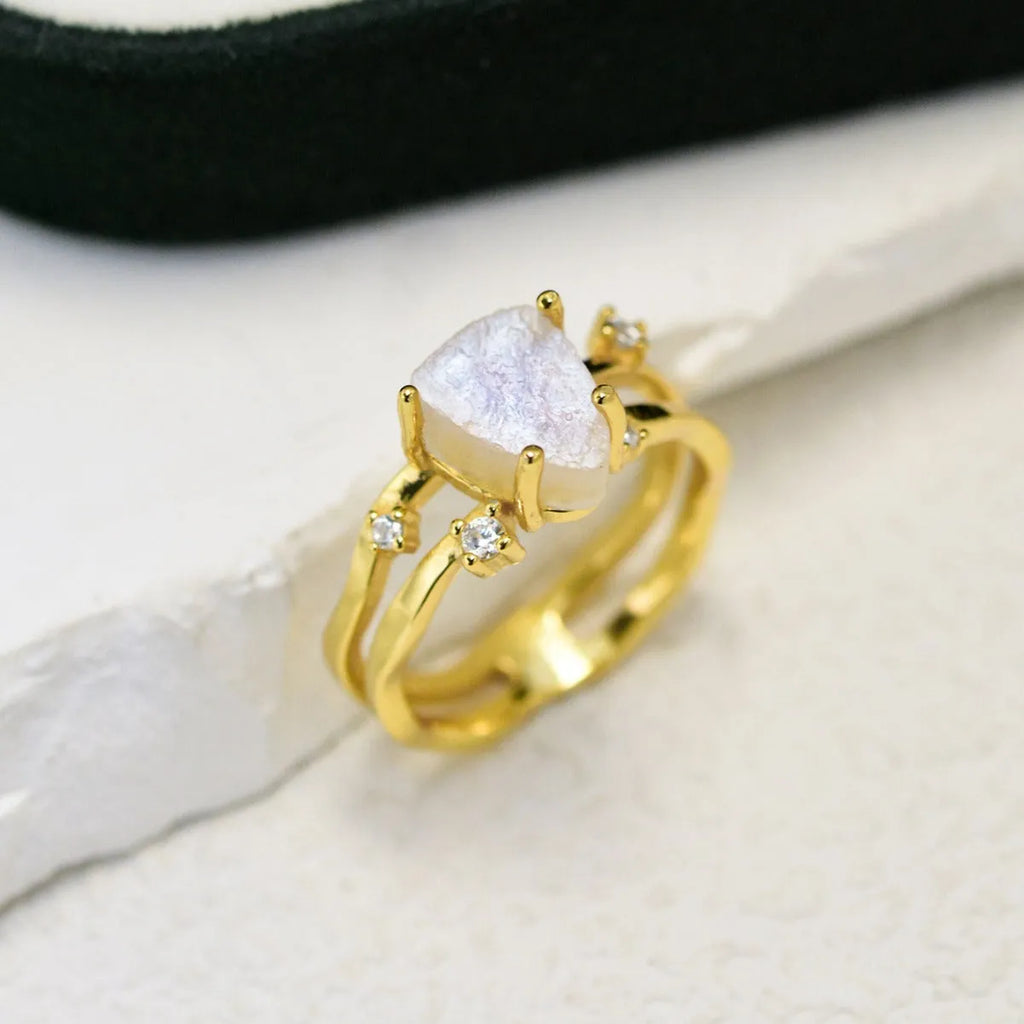 S925 silver geometric ring with irregular triangle design and moonstone detail in rose gold electroplating