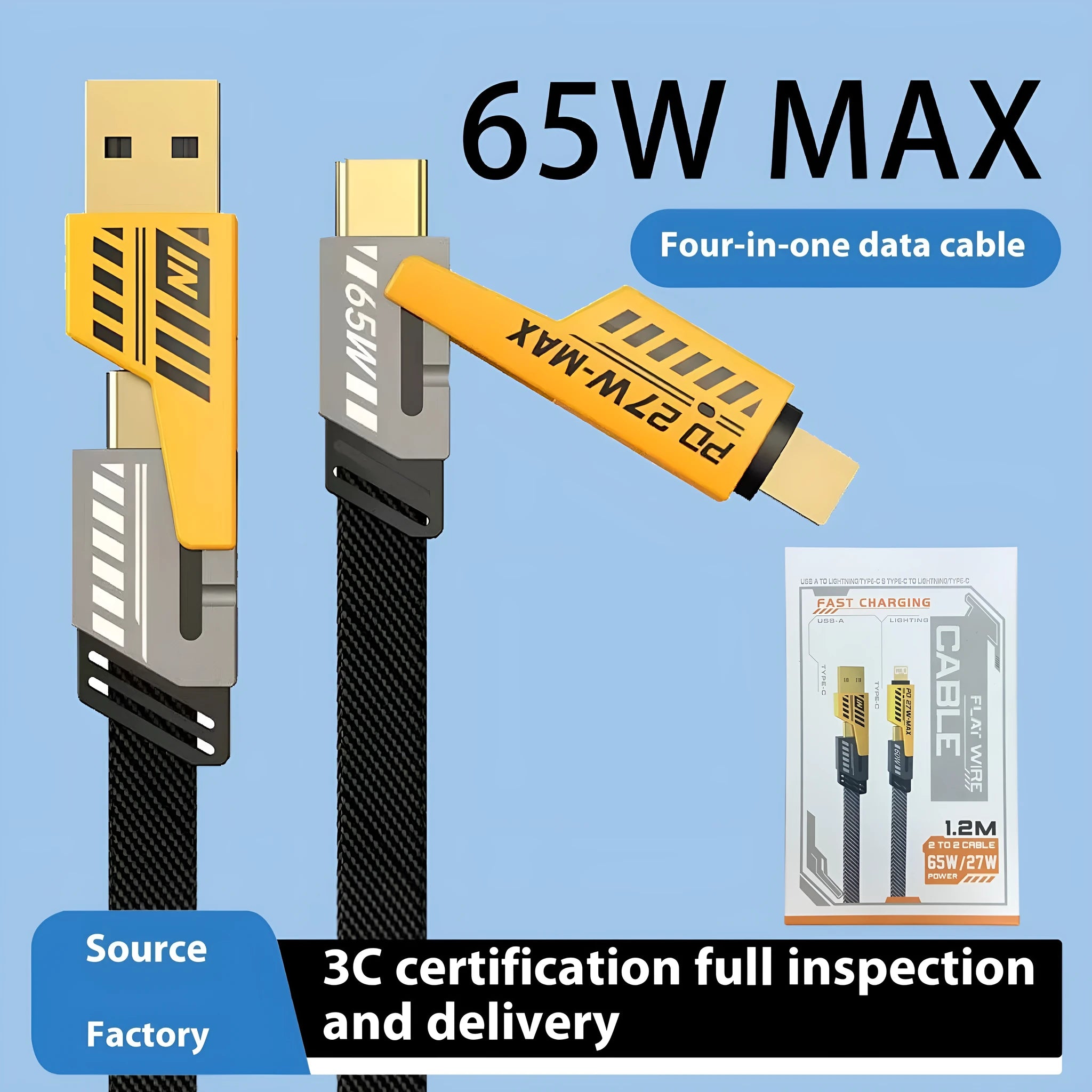 Type-C 66W fast charge data cable with three interfaces in 1.5m length TPE build