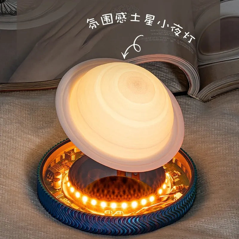 Magnetic suspension moon night lamp floating above base with 3D-printed celestial design