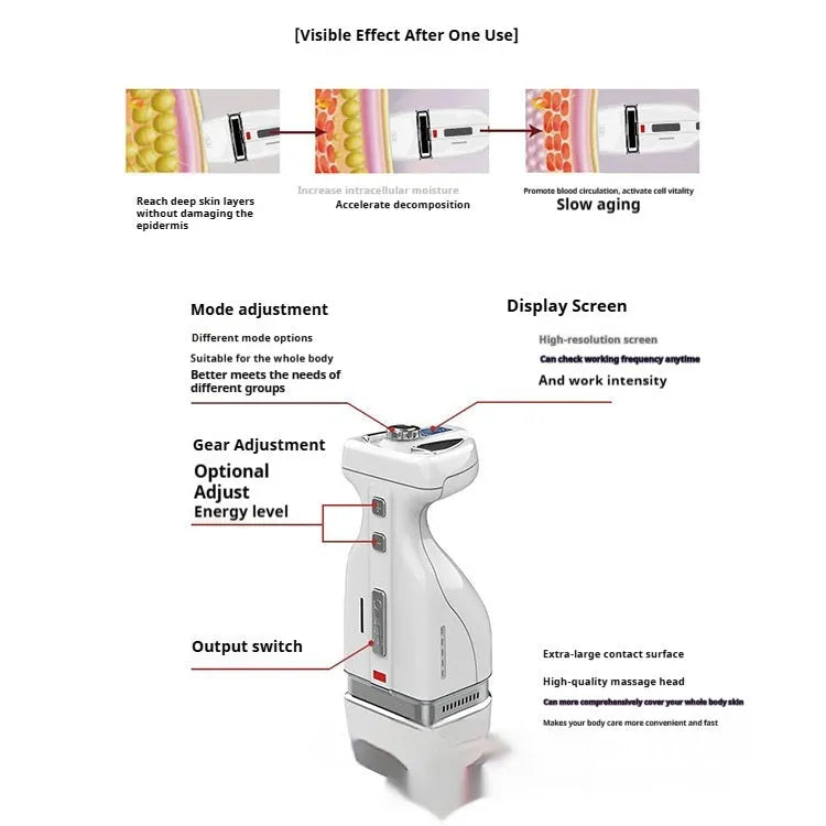 Ultrasonic plastic beauty instrument for household body shaping with power cord and instruction manual on table