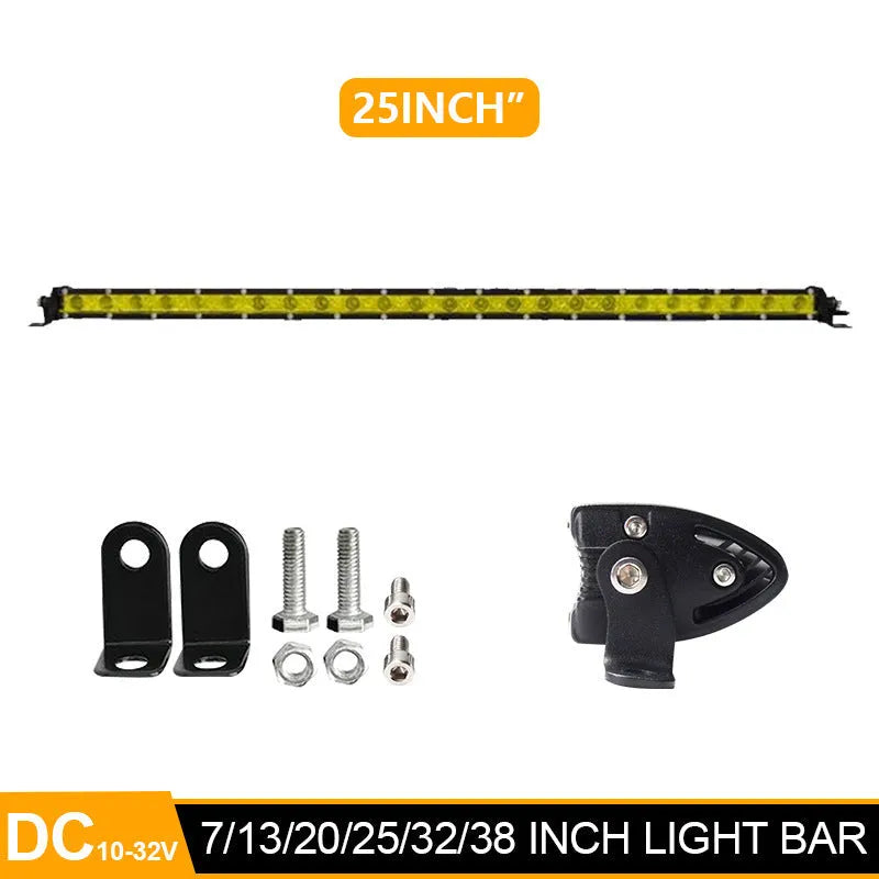25-inch aluminium alloy single row LED light bar for cars and trucks with mounting brackets.