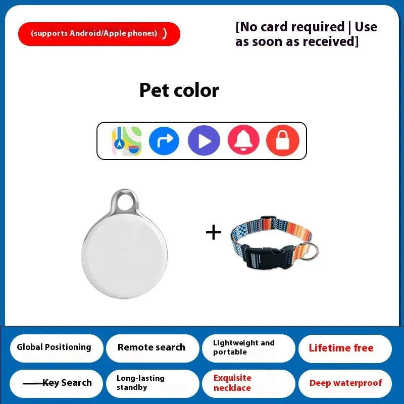 Pet GPS tracking device attached to dog collar with mobile app showing location