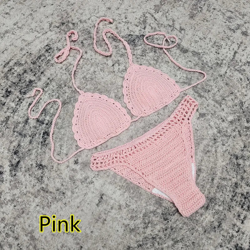 3-piece crochet bikini swimsuit set with matching beach skirt in solid colour