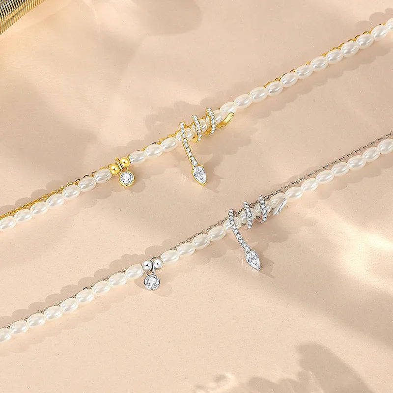 Pearl snake 925 silver bracelet with geometric beading and electroplated gold finishes