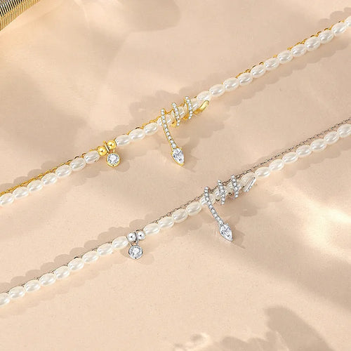 Pearl snake 925 silver bracelet with geometric beading and electroplated gold finishes