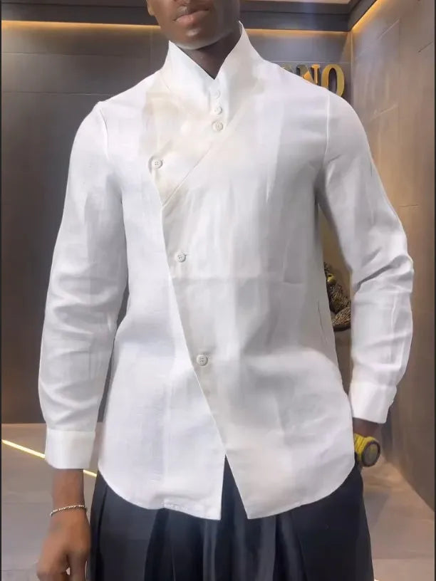 Women's white asymmetrical long sleeve shirt and black pleated trousers casual co-ordinates set on a hanger.