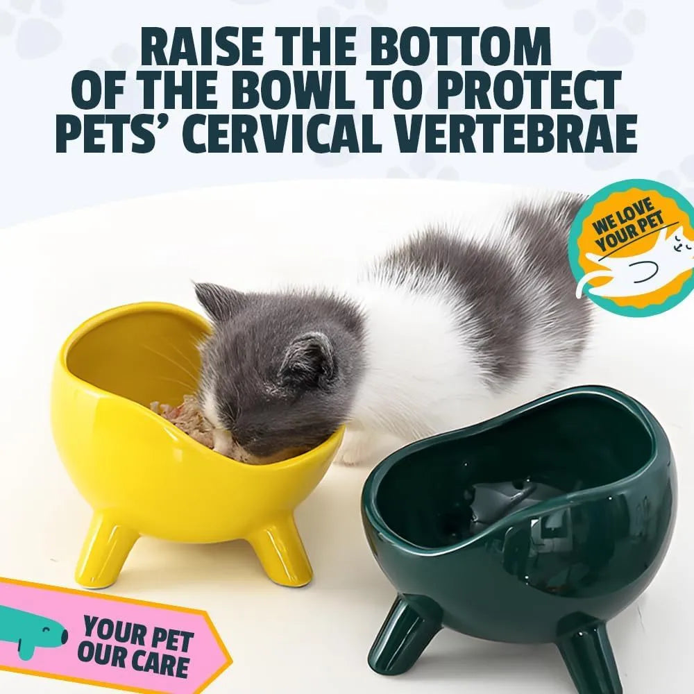 Green four-legged ceramic cat food bowl with elevated base and wide mouth design