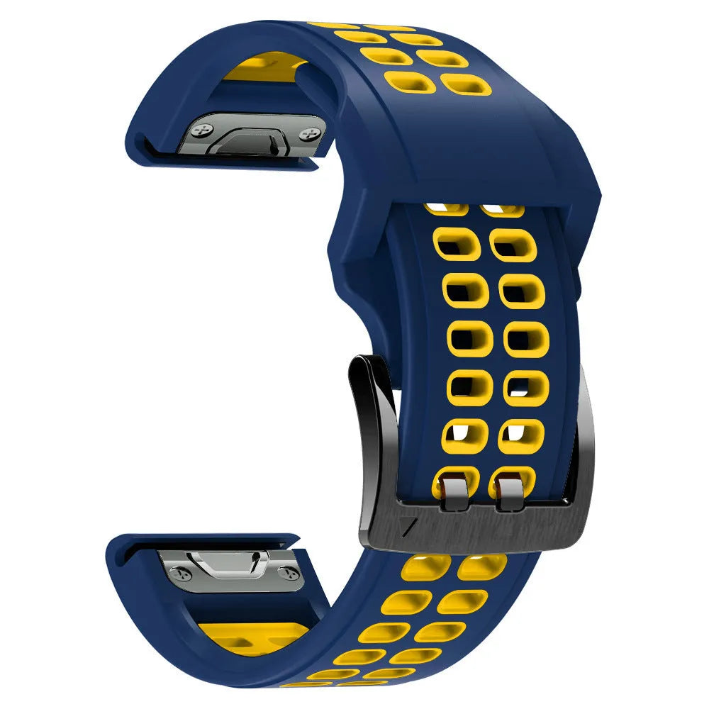 Two-tone quick-release silicone watch strap with pin buckle in black and orange colour