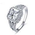 Women's geometric zircon ring with hollow ornamental design and quadrilateral pattern in platinum colour
