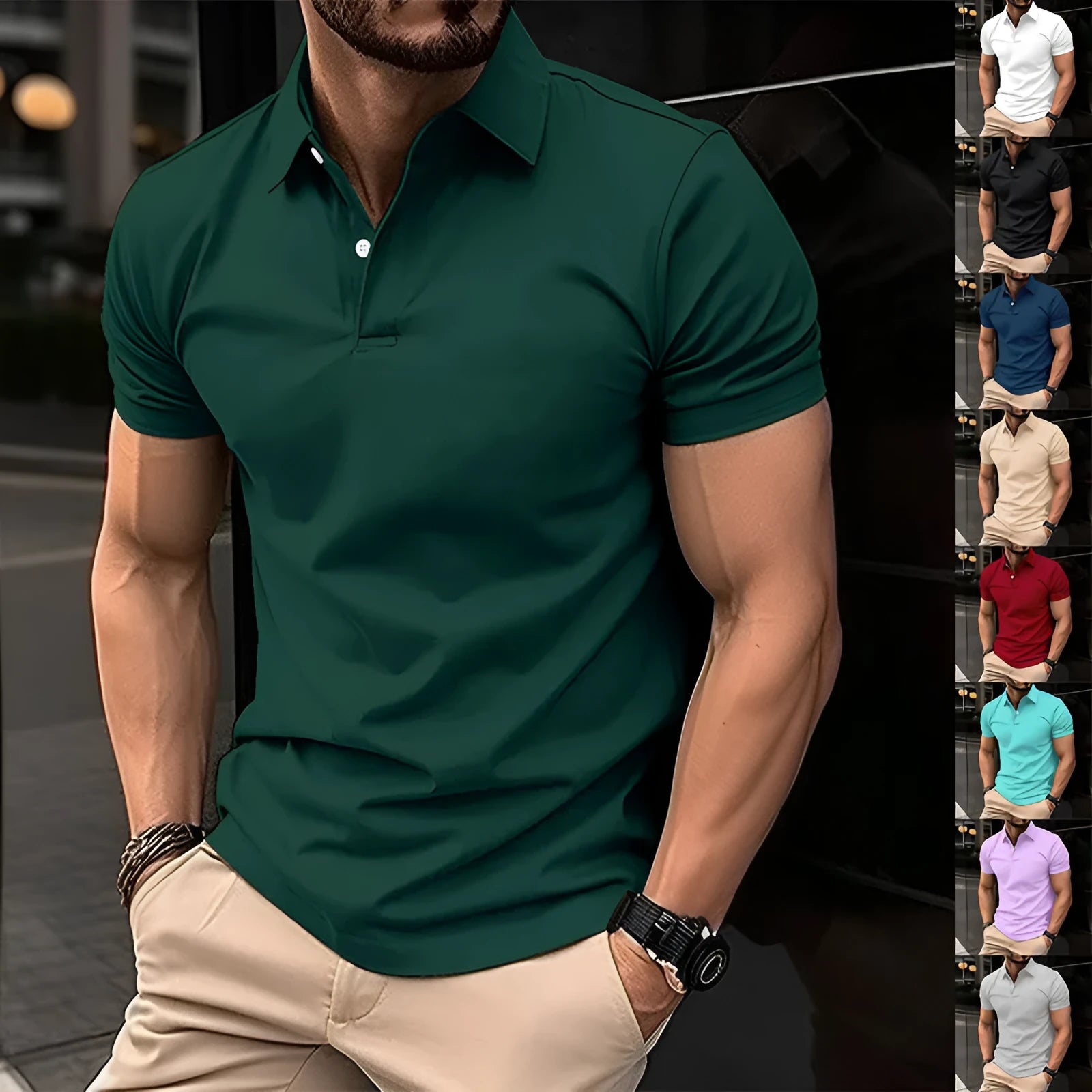 Men's solid colour short sleeve polo shirt with button lapel on a hanger