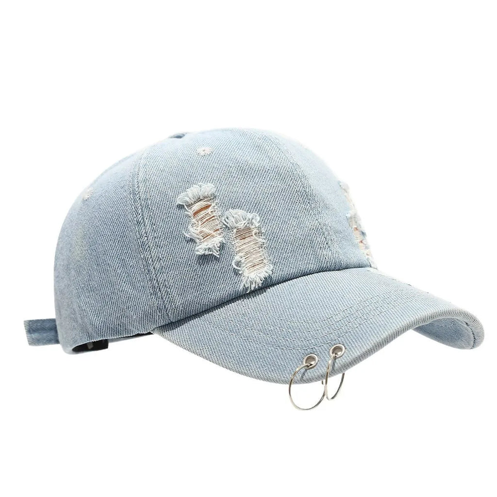 Men's black denim peaked cap with a dome crown on an adjustable strap.