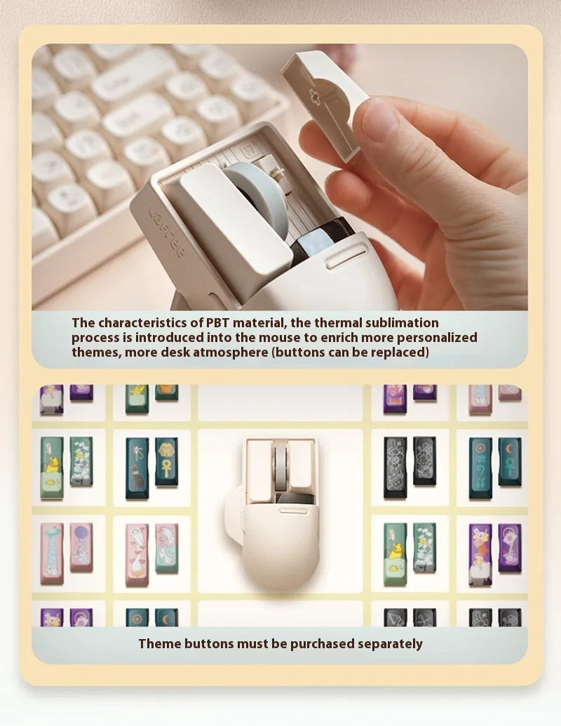 Tofu coloured wireless computer mouse with three connection modes and seven-button configuration.