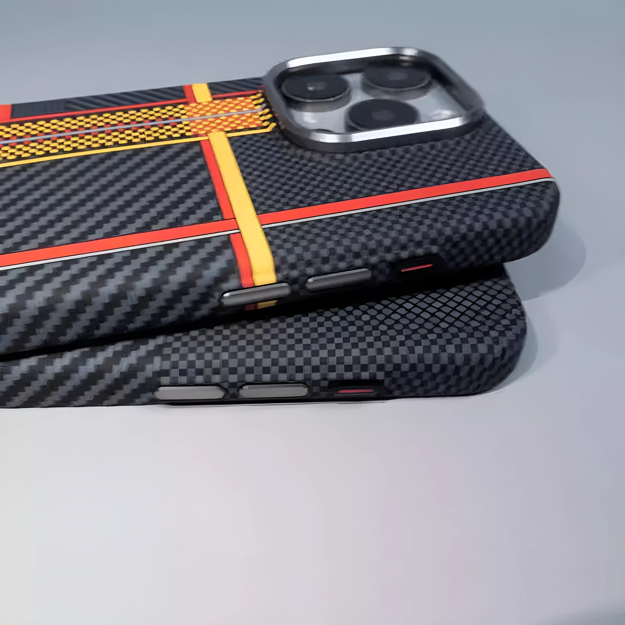 Carbon fiber grain magnetic phone case for iPhone 15 in grey finish with textured surface and camera cutout