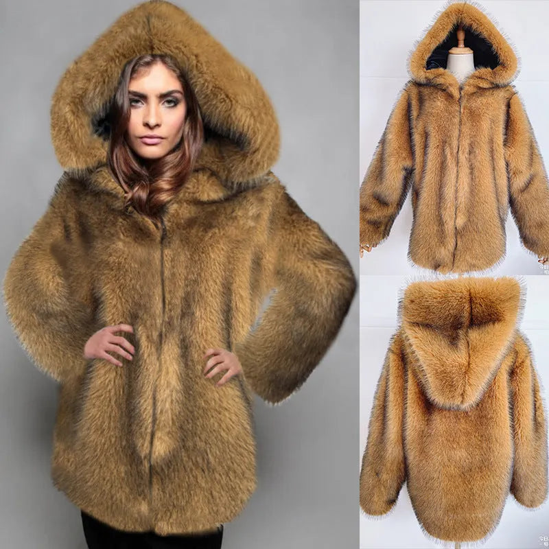 Silver grey artificial fur coat with mid-length 65cm design and loose trendy silhouette