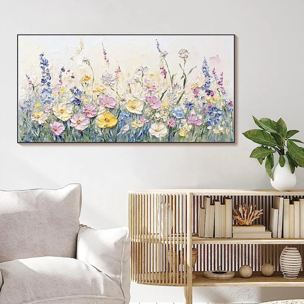 Handmade oil painting canvas wall art with 3D palette knife flowers in modern style, rolled frameless unstretched