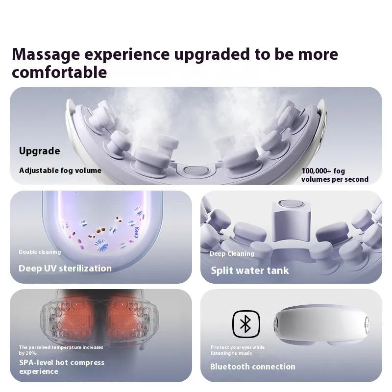 A purplish grey Bluetooth steam hot compress eye massage device on a white background.