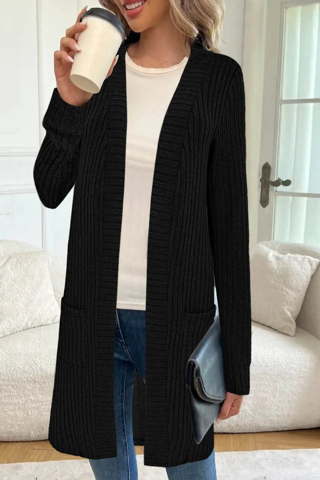 Long sleeve loose pocket cardigan jacket in polyester, shown in black, wine red, or grey.