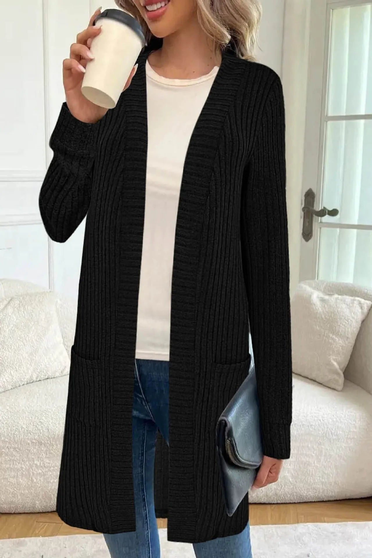Long sleeve loose pocket cardigan jacket in polyester, shown in black, wine red, or grey.